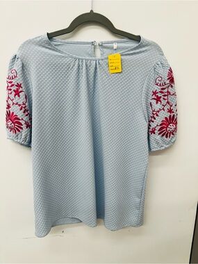 Light Blue Puff Sleeve Top with hot pink Embroidery